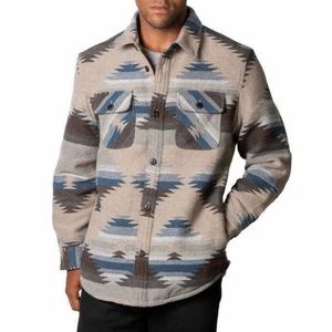 Jachs Sz M Wool Blend Sherpa Lined Flannel Shirt Jacket Tan Blue Aztec Western